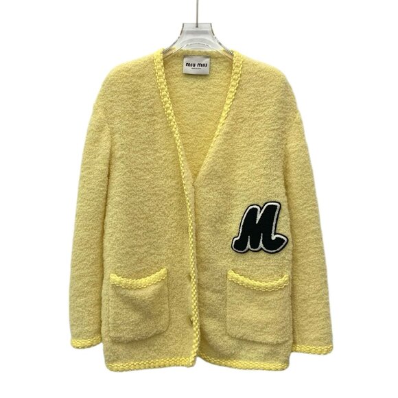 Miu Miu Yellow Wool V-Neck Long-Sleeved Tweed Knitted Cardigan Coat With Pockets - Picture 1 of 8